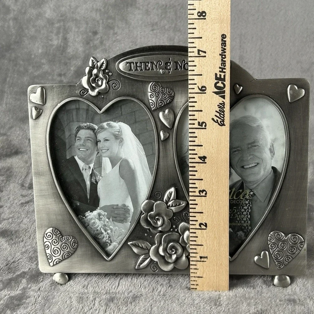 Fetco Then & Now Picture Frame Metal Heart Flower Anniversary Holds (2) 3.5x5 in